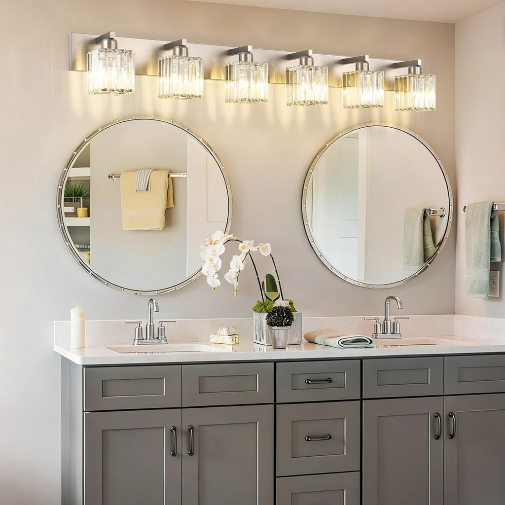 Aipsun Brushed Nickel Bathroom Light Fixtures 6 Light Vanity Lighting Fixture Crystal Modern Bathroom Vanity Light (Exclude Bulb)