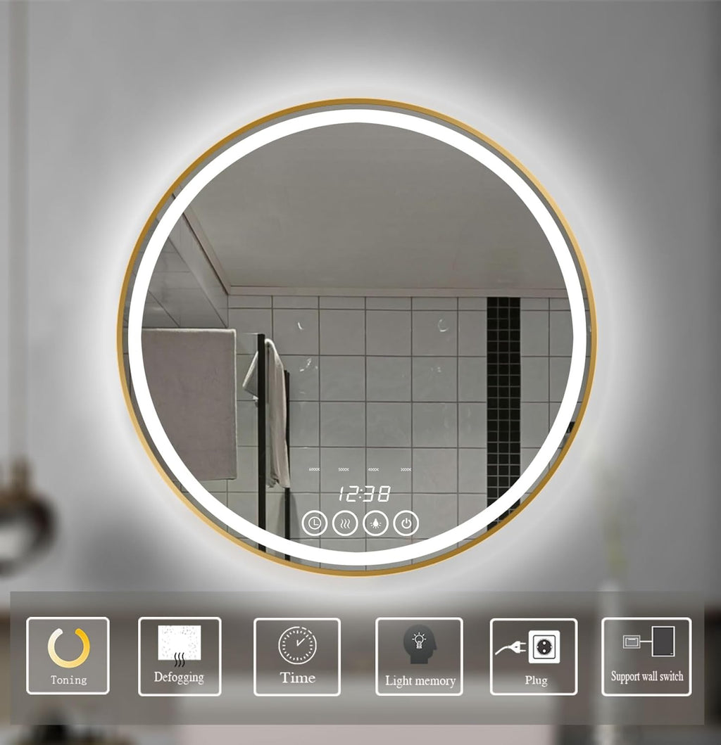 Round LED Bathroom Mirror with Lights, 28x28 Inch Gold Wall Mounted Frame Lighted Vanity Mirrors