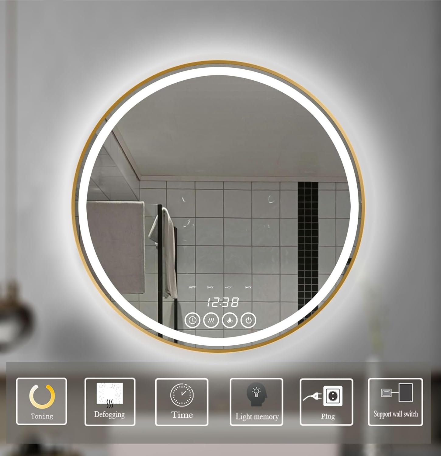 Round LED Bathroom Mirror with Lights, 28x28 Inch Gold Wall Mounted Frame Lighted Vanity Mirrors