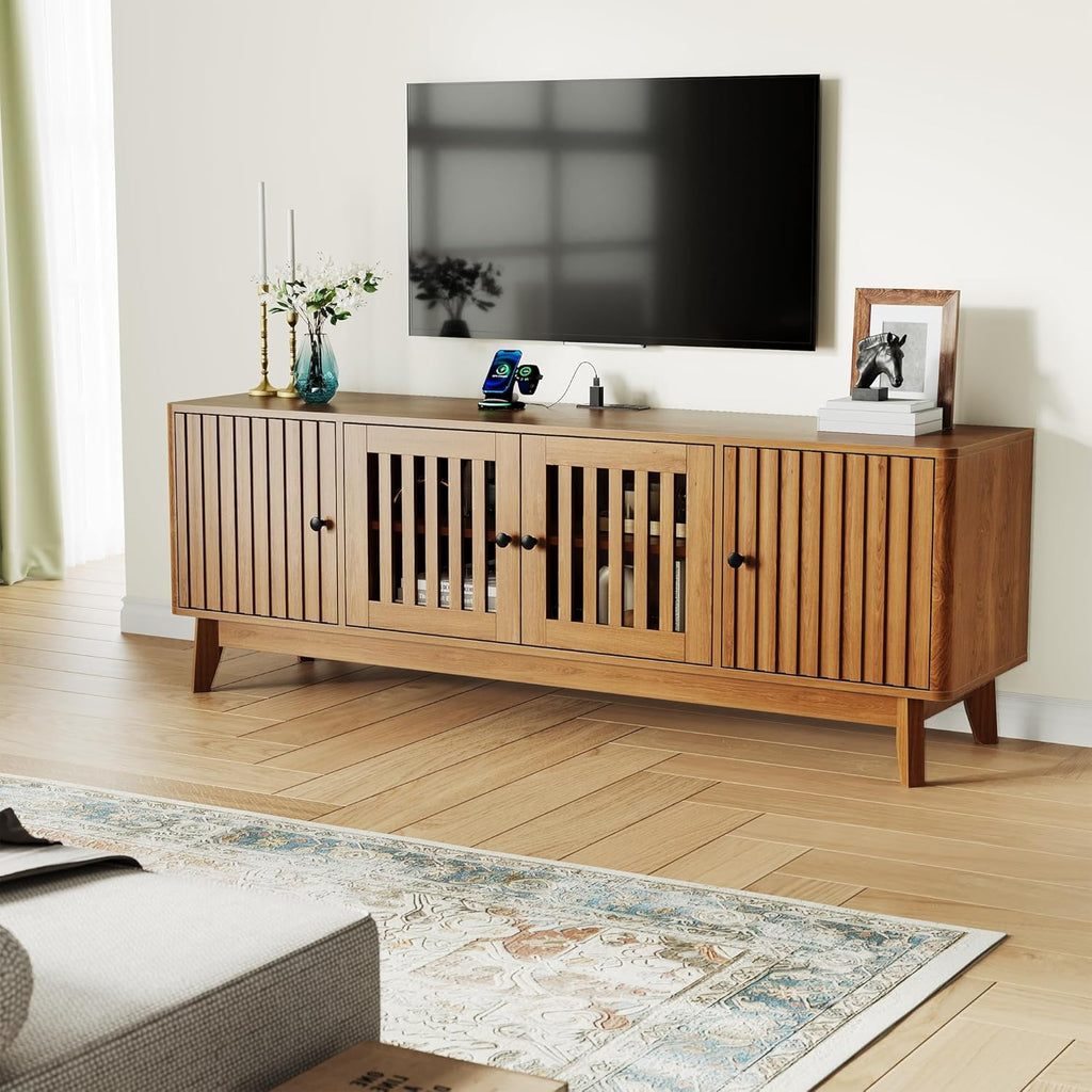 Garvee Mid Century Modern TV Stand, TV Stands for Living Room with 4 Grille Doors and Adjustable Shelves, Entertainment Center with Storage and Power Output, Wooden TV Console