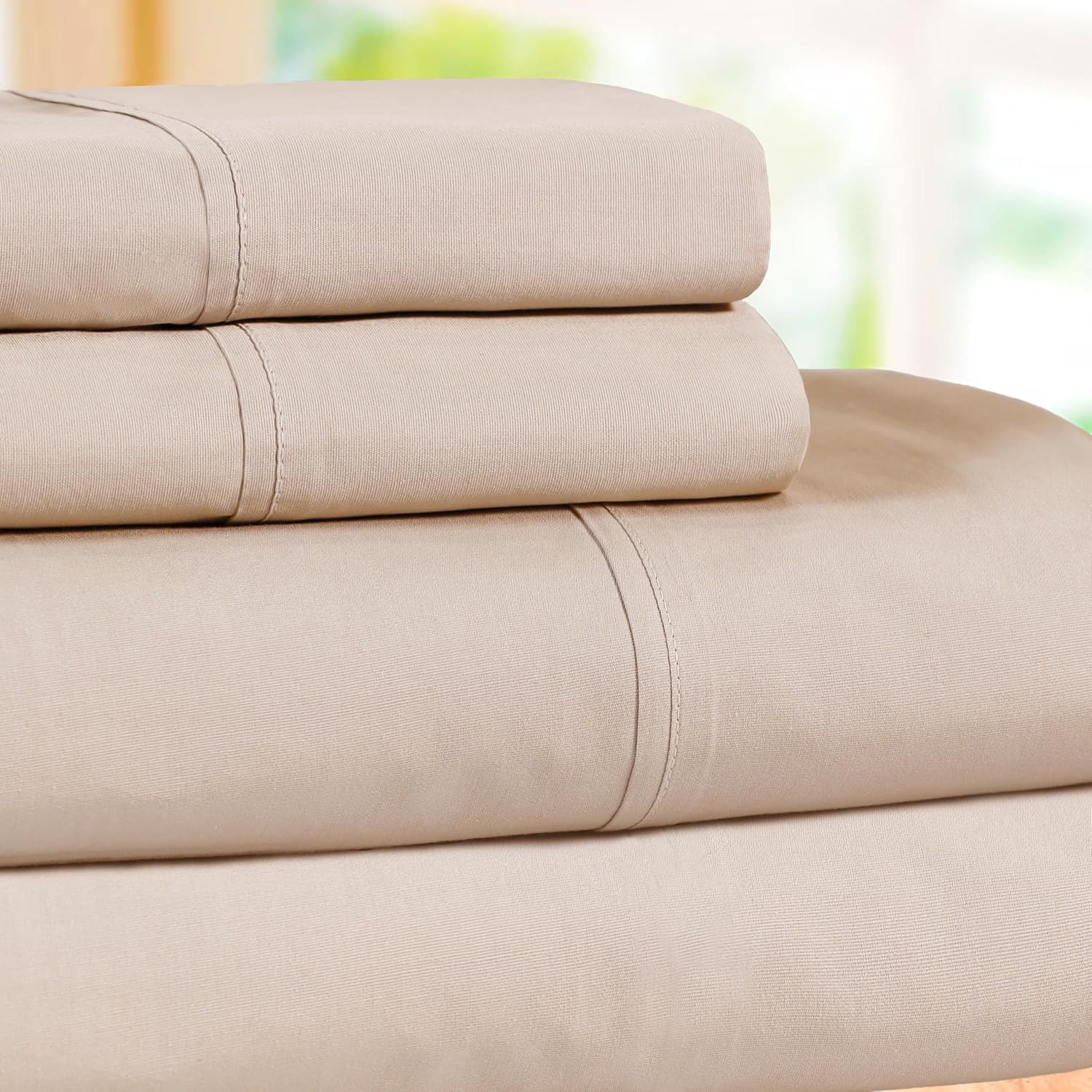 Superior 300 Thread Count Cotton Percale Sheet Set, Silky-Soft, Cooling Sheets, Bedding Basics, Breathable Sheets, 1 Elastic Deep Pocket Fitted Sheet, 1 Flat Sheet, 2 Pillowcases, Full, Tan