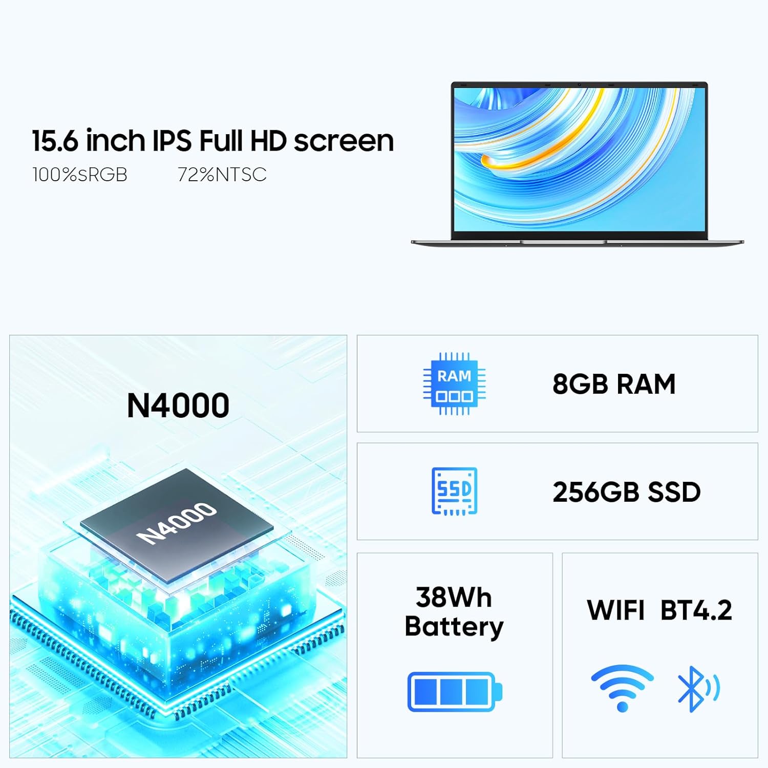 EYY 15.6" Laptop Computer, Win 11 Laptops with 8GB RAM 256GB SSD, Celeron N4000 Processor, 100% sRGB Screen, for Business, Student & Everyday Tasks, 5000mAh Battery, Dual Band WiFi