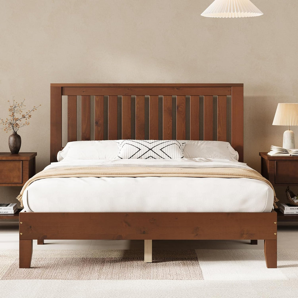 AMERLIFE Queen Bed Frame, Solid Wood Platform Bed with Vertical Slats Headboard, Wooden Bedframe Queen-Size, Sturdy Wooden Slats Support, No Box Spring Needed, Noise Free, Walnut