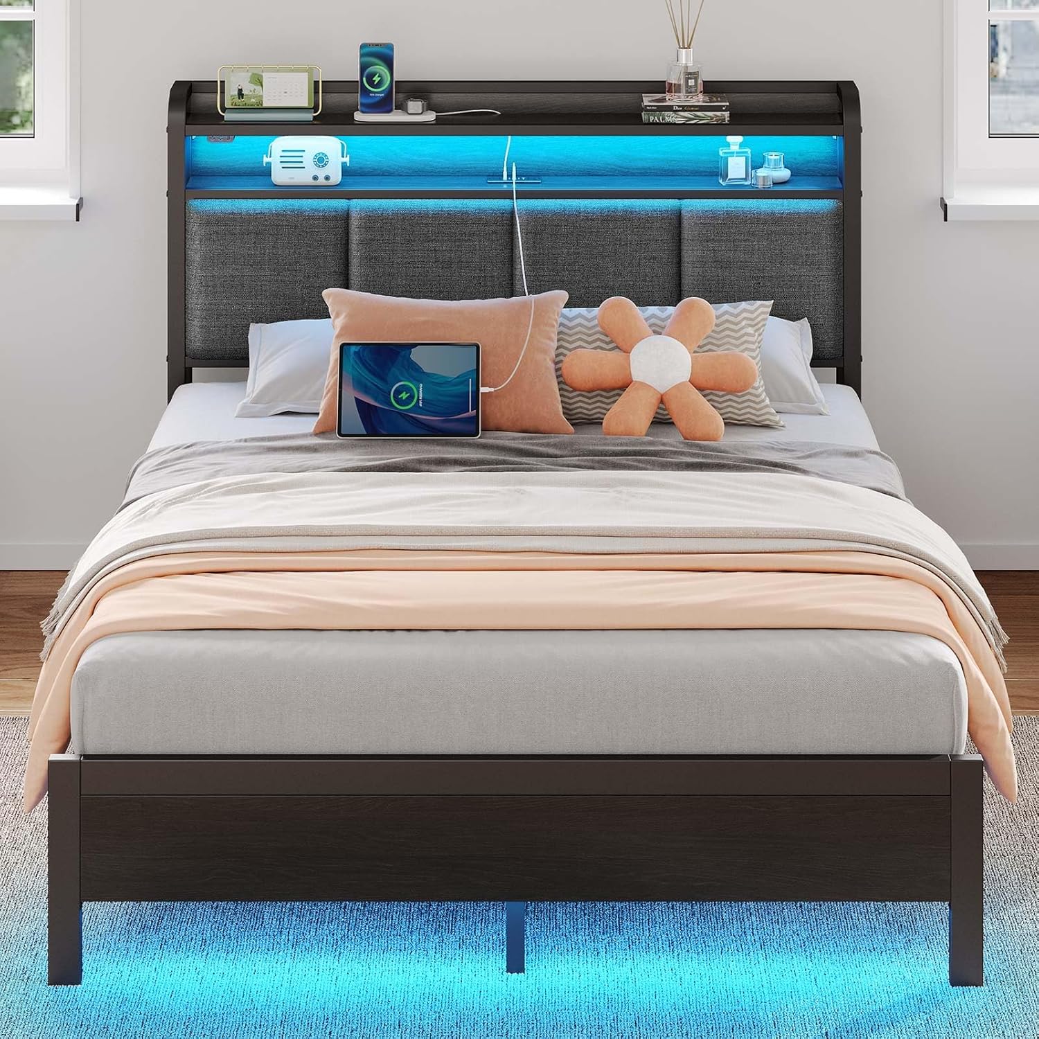 Rolanstar Bed Frame Full Size with Charging Station and LED Lights, Upholstered Headboard with Storage Shelves, Heavy Duty Metal Slats, No Box Spring Need, Noise Free, Easy Assembly, Grey