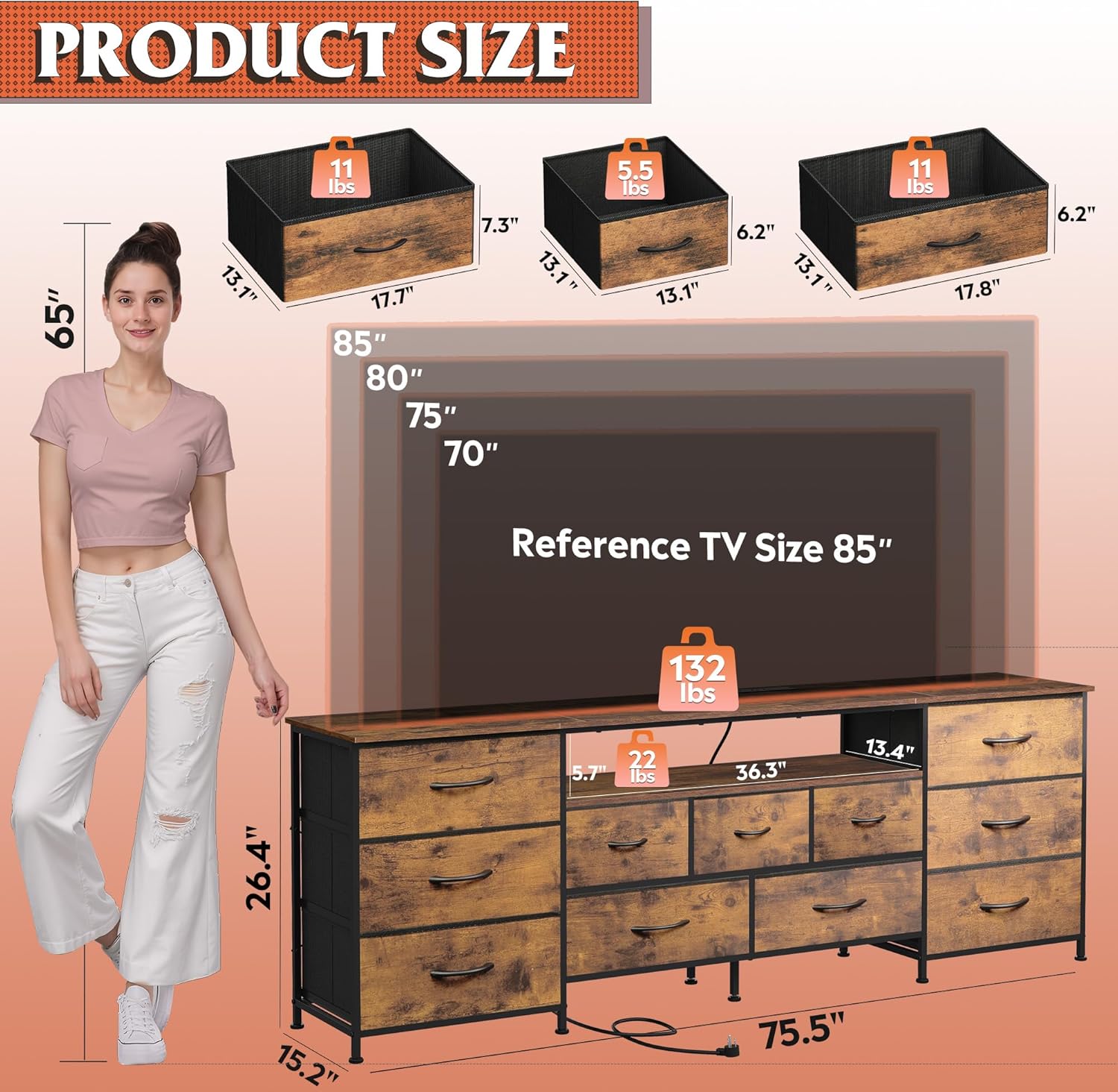 WLIVE 75.5" TV Stand for 65, 75, 80, 85 Inch TV, Dresser for Bedroom with Power Outlets & LED Lights, 11 Drawer Fabric Dresser with Open Shelves, Entertainment Center with Storage, Rustic Brown