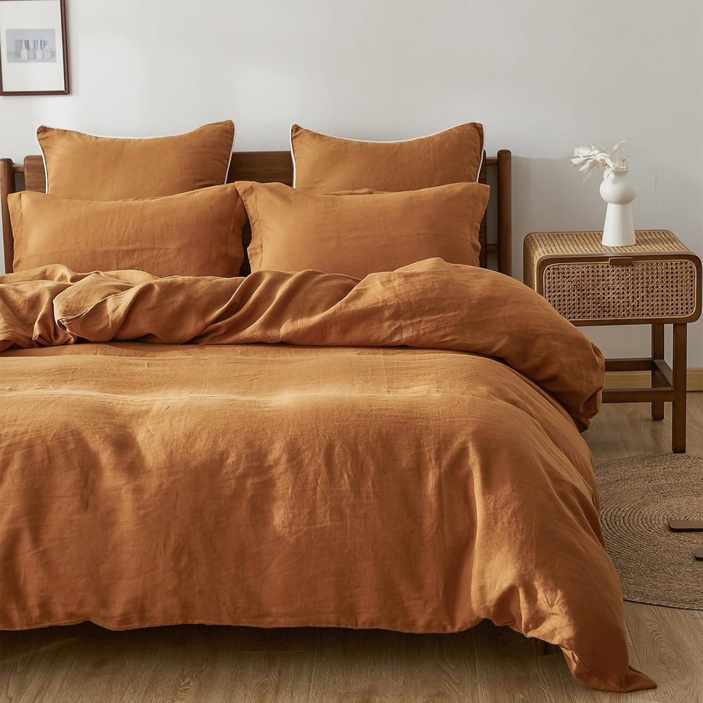 Simple&Opulence 100% Linen Duvet Cover Set 2pcs Natural French Basic Style Washed Flax Solid Color Breathable Soft Farmhouse Bedding with Button Closure (Rust, Twin)