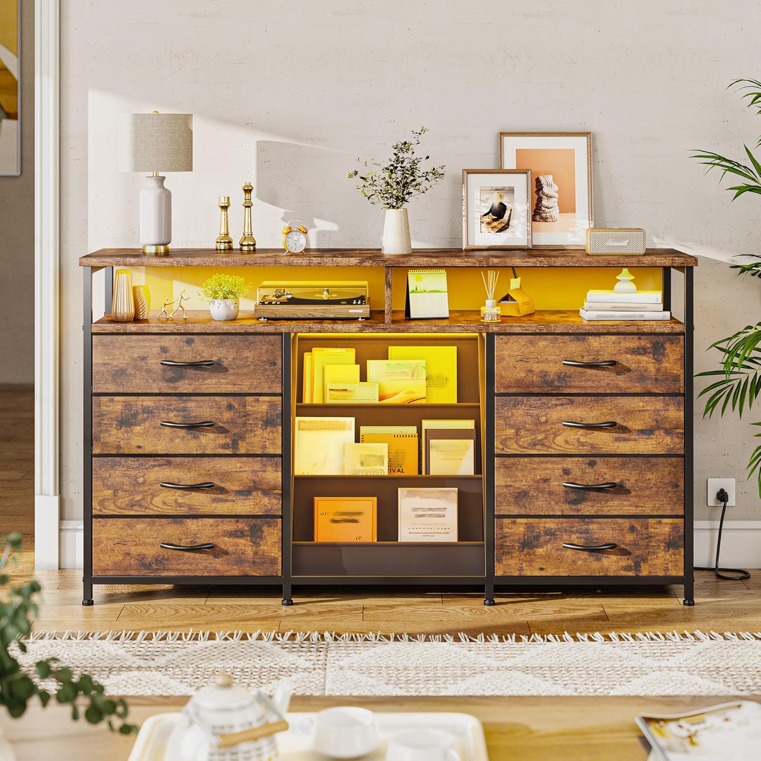 EnHomee 55 ” W Dresser for Bedroom with Bookrack & 8 Fabric Drawers, Dresser TV Stand with Power Outlet & LED Lights for 65 Inch TV, Chest of Drawers for Cabinet, Entryway,Rustic Brown