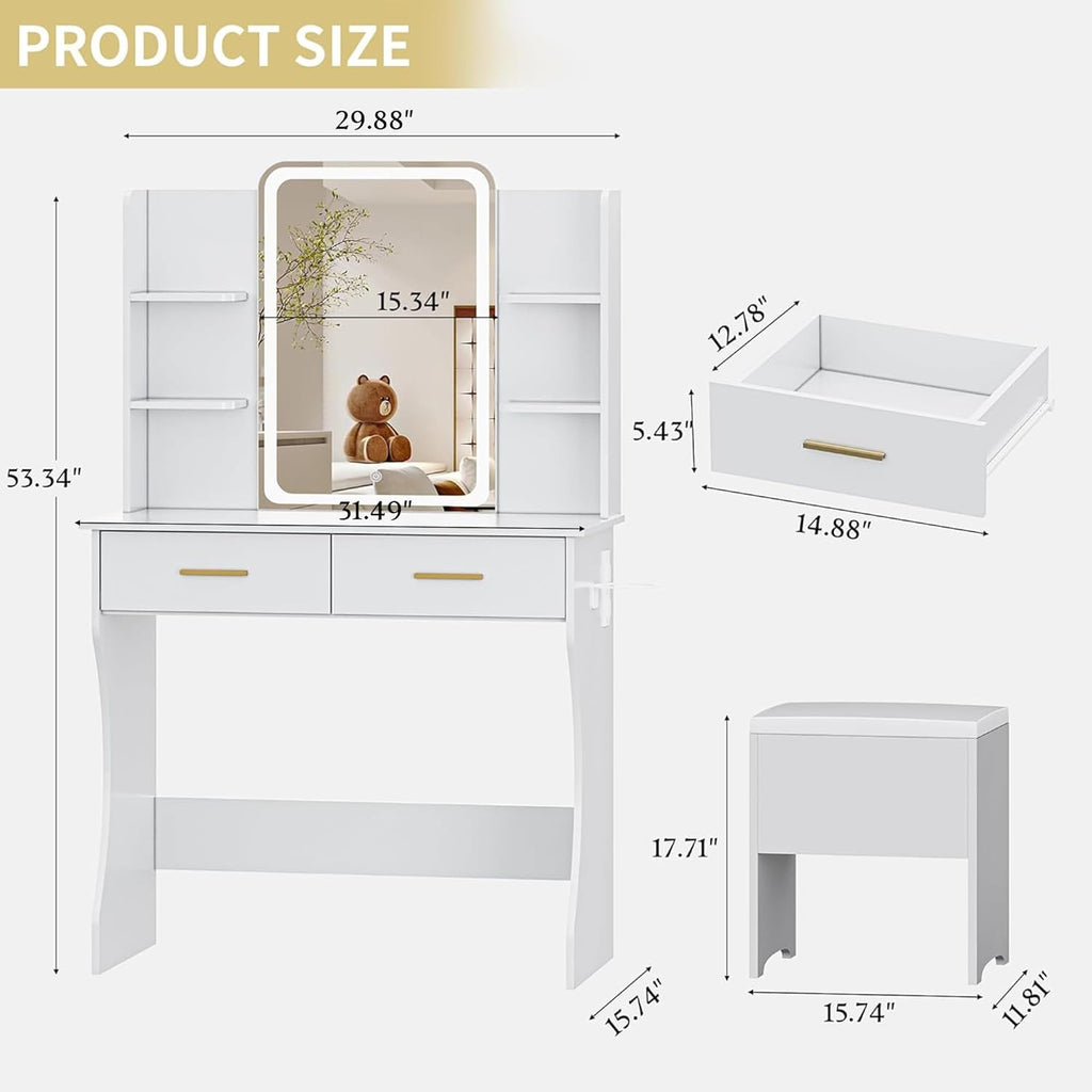 Vanity Desk with LED Lights Mirror & Power Outlet, Small Makeup Vanity Table Set with Storage Drawers & Chair, 3 Lighting Modes & Adjustable Brightness, Dressing Table for Women Girls Bedroom, White