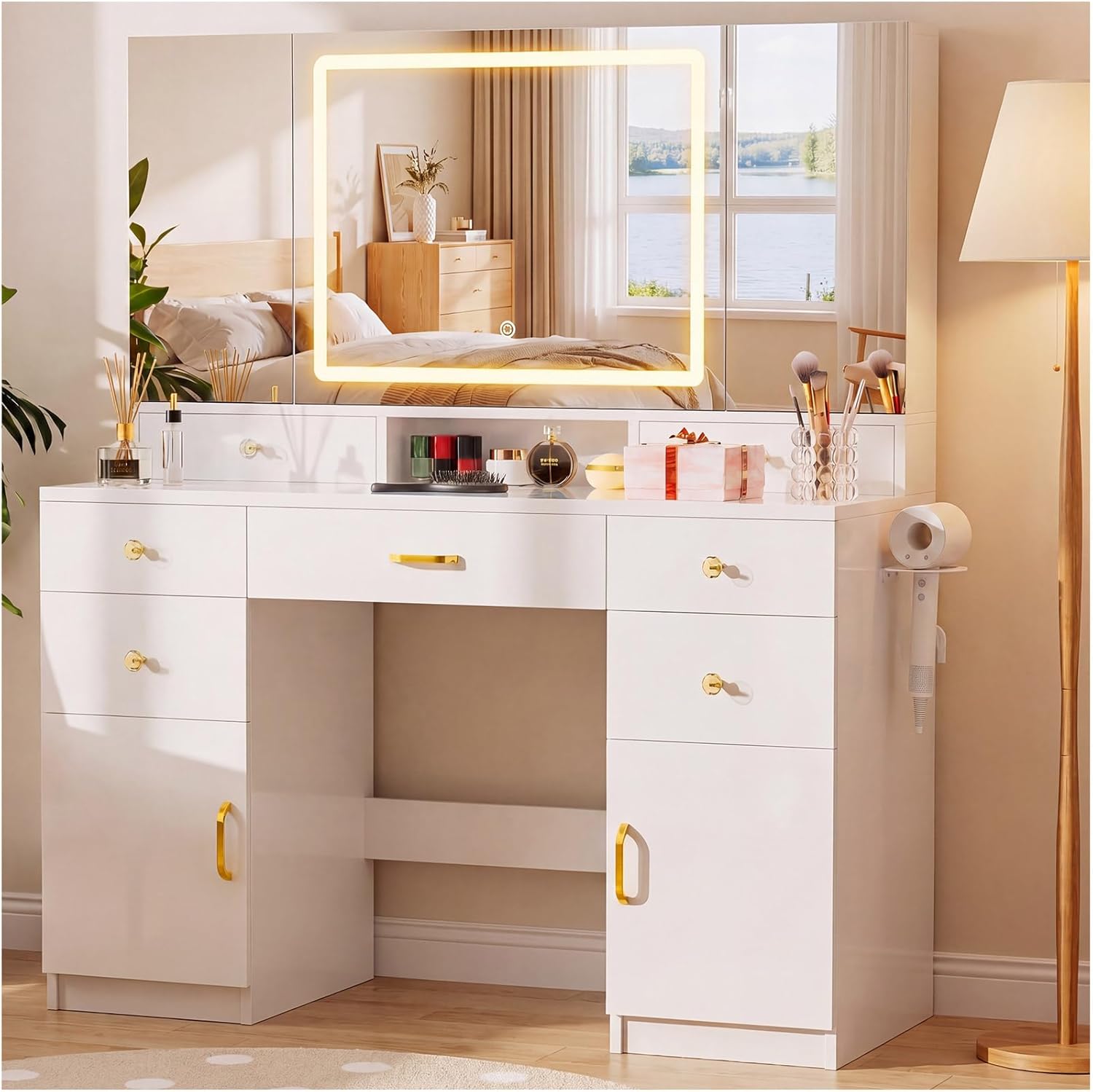 COMHOMA Vanity Desk with 3 Way Mirror and Lights, Large Makeup Vanity Table Set with Charging Station, 3 Lighting Modes & 360° View Mirror, 7 Drawers Dressing Table for Women Girls Bedroom, White