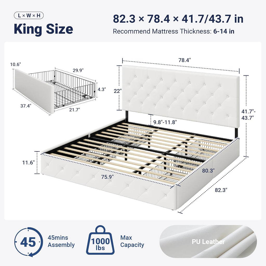 Allewie King Size Platform Bed Frame with 4 Storage Drawers and Headboard/Upholstered Diamond Stitched Button Tufted/Wooden Slats Support/Mattress Foundation/No Box Spring Needed/White