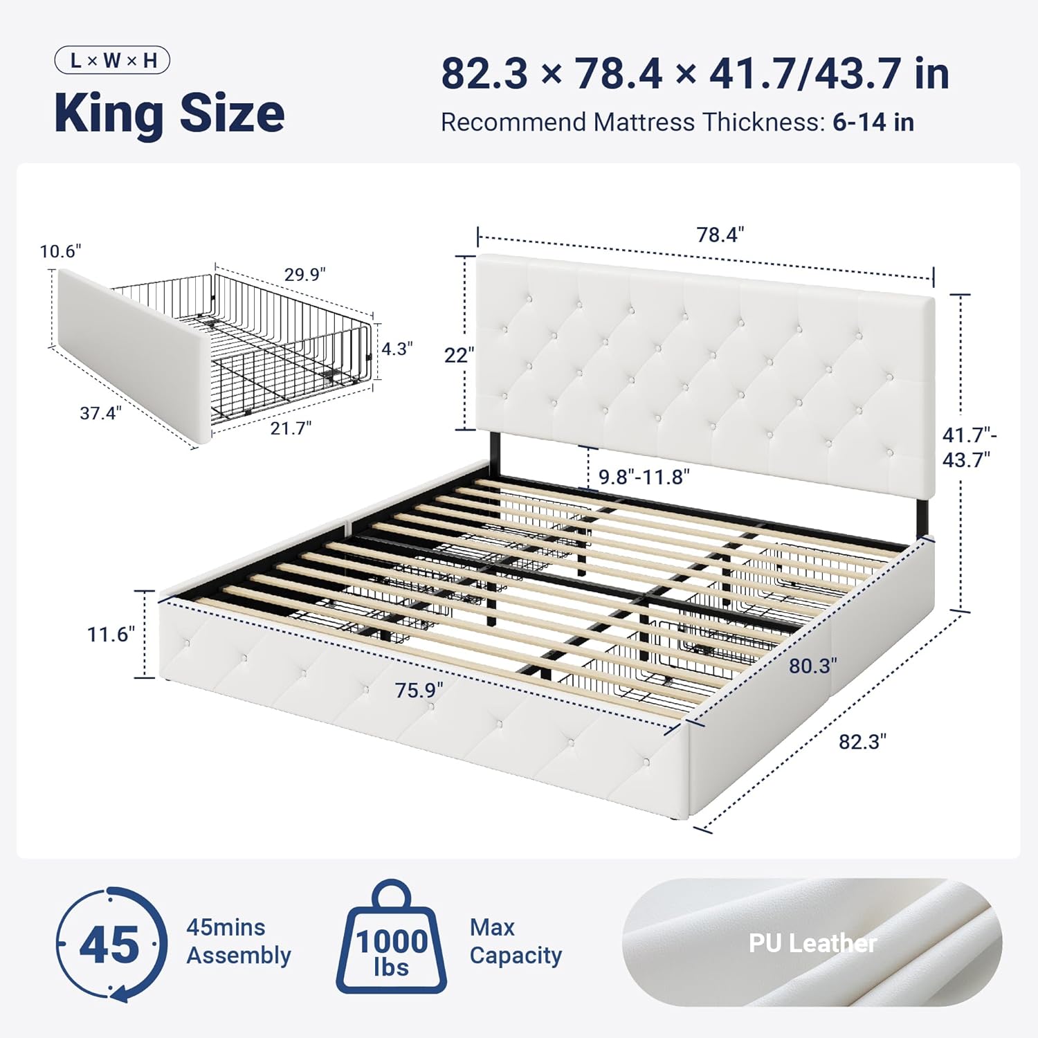 Allewie King Size Platform Bed Frame with 4 Storage Drawers and Headboard/Upholstered Diamond Stitched Button Tufted/Wooden Slats Support/Mattress Foundation/No Box Spring Needed/White