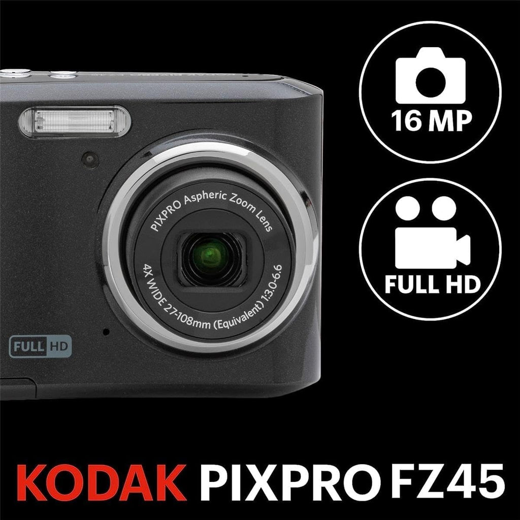 KODAK PIXPRO FZ45-BK 16MP Digital Camera 4X Optical Zoom 27mm Wide Angle 1080P Full HD Video 2.7" LCD Vlogging Camera, Bundle with Camera Case and 32GB SD Card, Kodak 1-Year Limited Warranty. (Black)