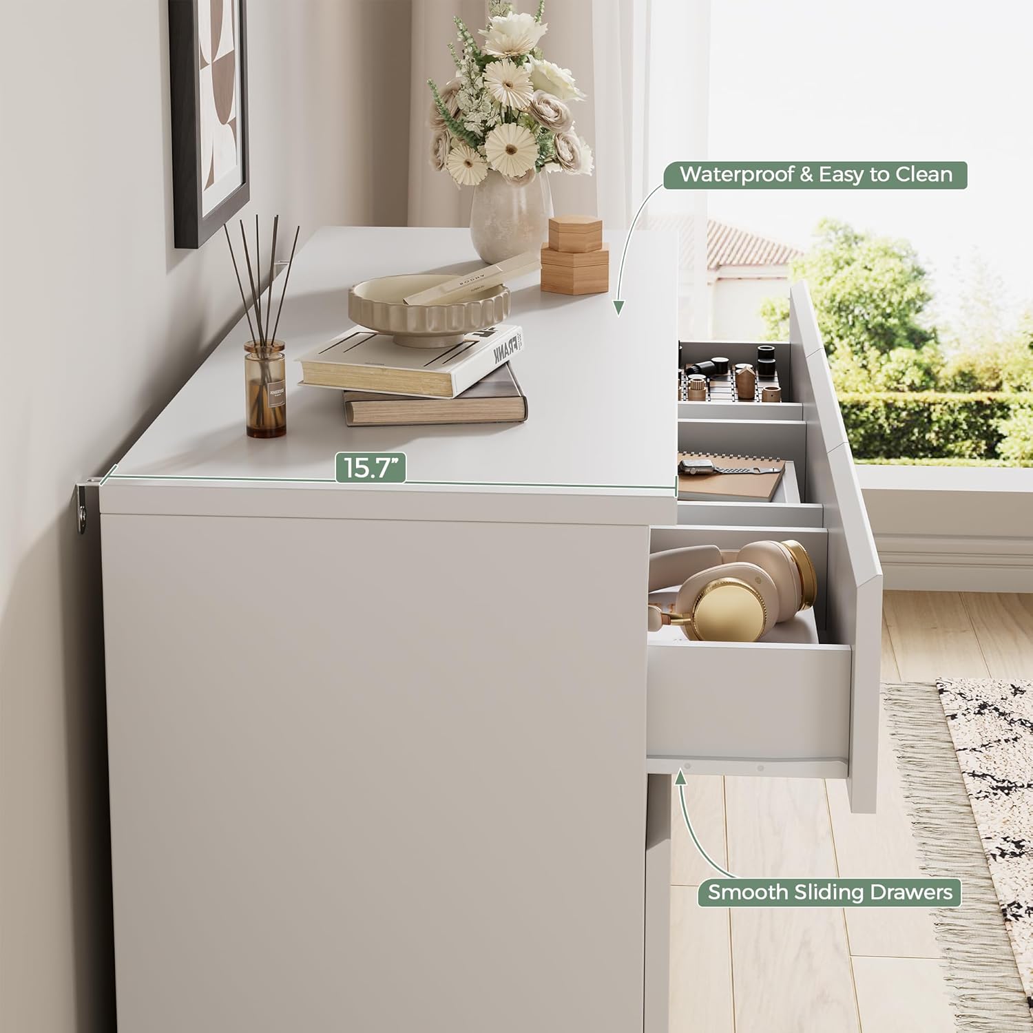 Jocoevol Modern White 7 Drawer Dresser for Bedroom, Simply Chest of Drawers, Wood Storage Dresser with Deep Drawers for Living Room Hallway Entryway, White