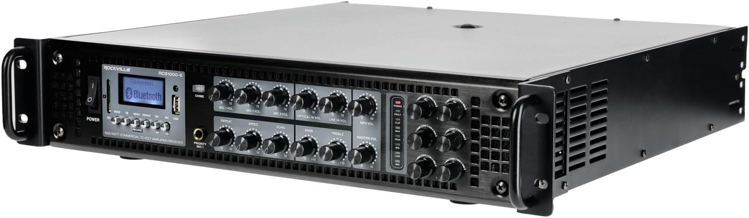 Rockville RCS1000-6 1000W 6-Zone Commercial Amplifier, Bluetooth, USB/SD Inputs, Echo Mic Controls, 70V/100V/8-Ohm Compatibility, Perfect for Restaurants, Schools, and Conference Rooms