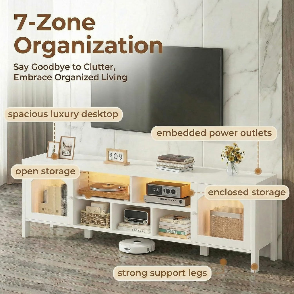 IRONCK TV Stand for 75 Inch TV, 71" Entertainment Center with Power Outlet & LED Light, Modern Media TV Console with Arched Glass Doors and Storage Cabinets for Living Room, White