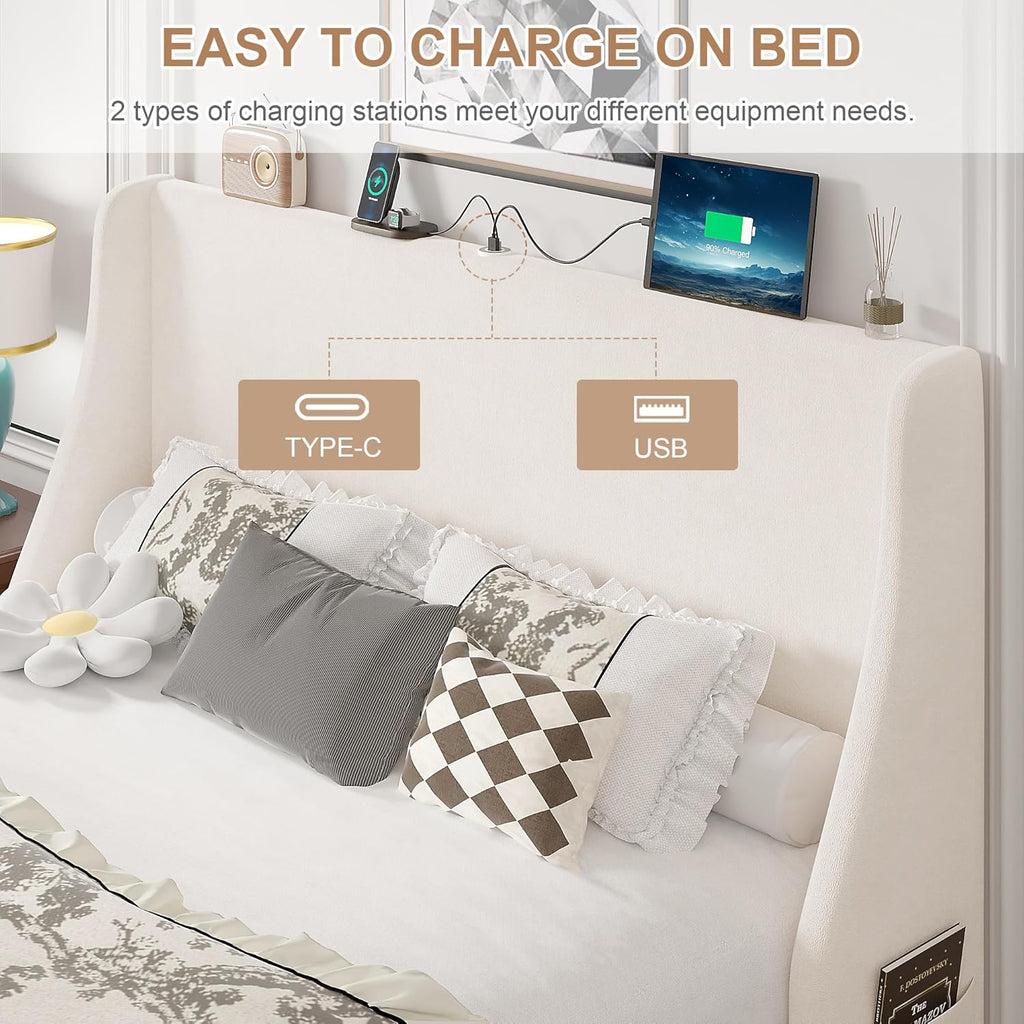 VECELO Queen Bed Frame with Upholstered Wingback Headboard, Heavy-Duty Platform Bedframe with Charging Station, Wooden Slats, No Box Spring Needed, Beige