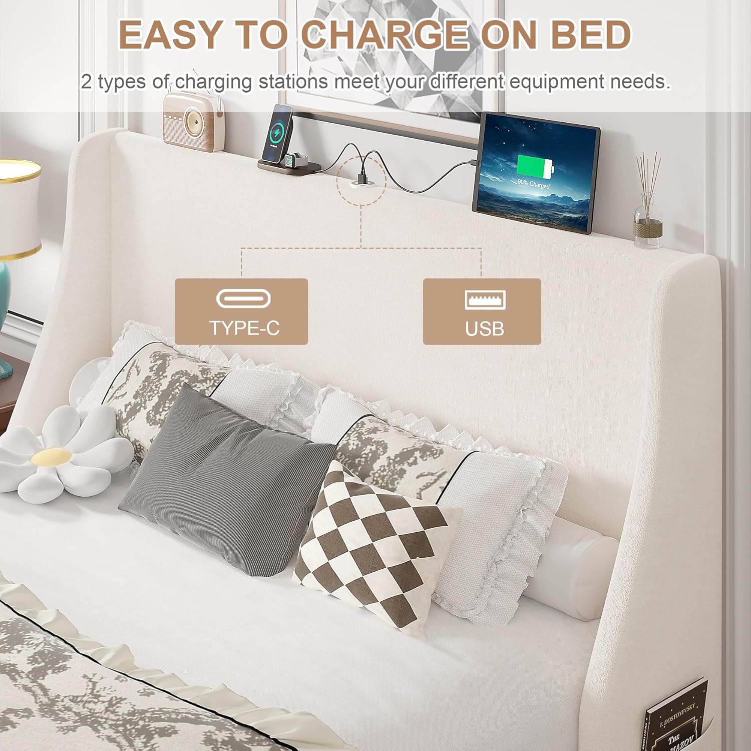 VECELO Queen Bed Frame with Upholstered Wingback Headboard, Heavy-Duty Platform Bedframe with Charging Station, Wooden Slats, No Box Spring Needed, Beige