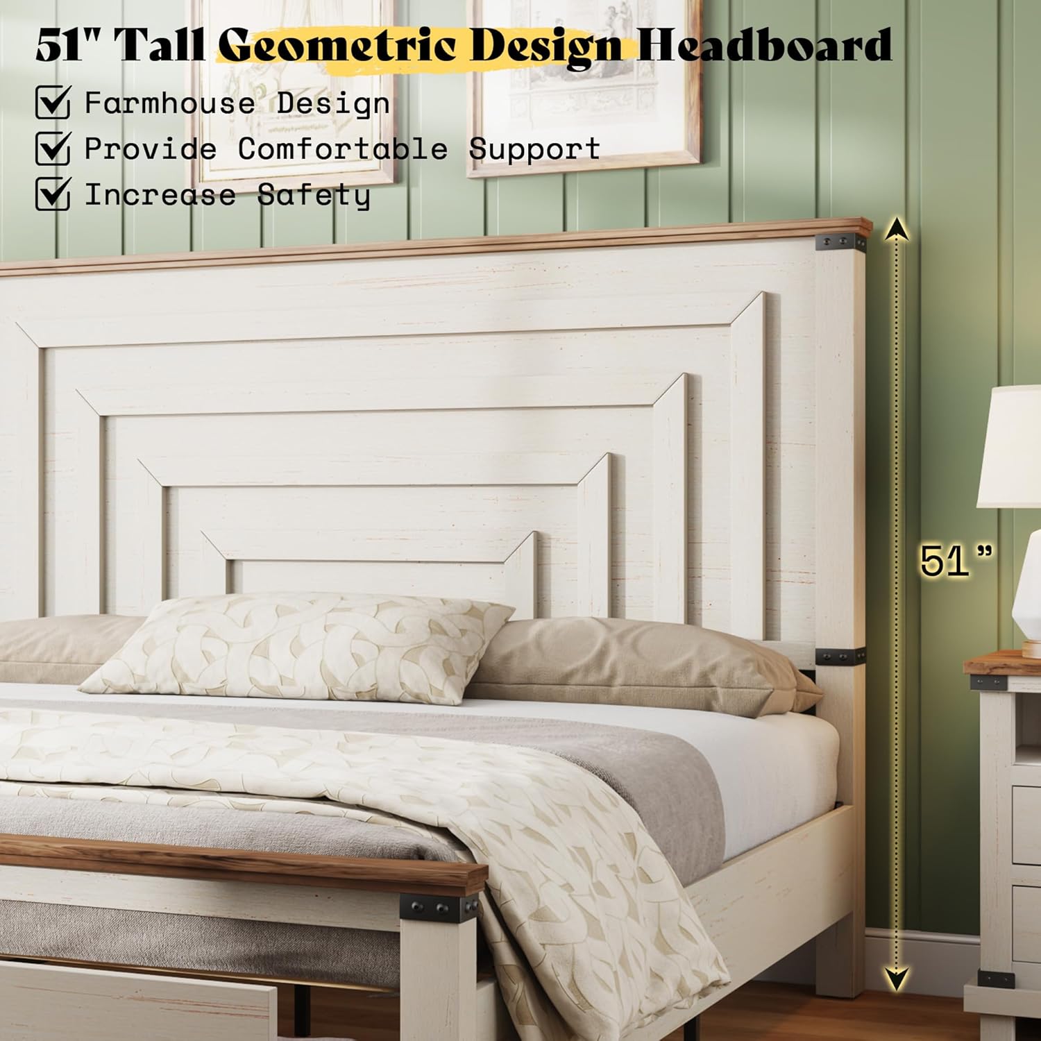 AMERLIFE Farmhouse 2-Pieces Wood Bedroom Set, Including Rustic King Size Bed Frame with 51" Tall Headboard, 6 Drawers Large Dresser Chests, Heavy-Duty Thick Plank Styling, Antique White