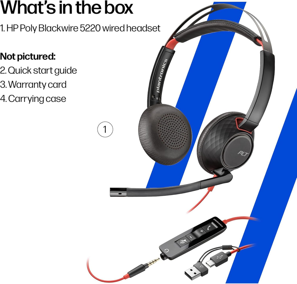 Poly Blackwire 5220 Wired Headset - Flexible Boom Mic - Noise Cancelling Headphones with Mic - USB-C, USB-A, 3.5mm - Ergonomic Over-Ear Design - Works with Microsoft Teams, Zoom - Work from Home