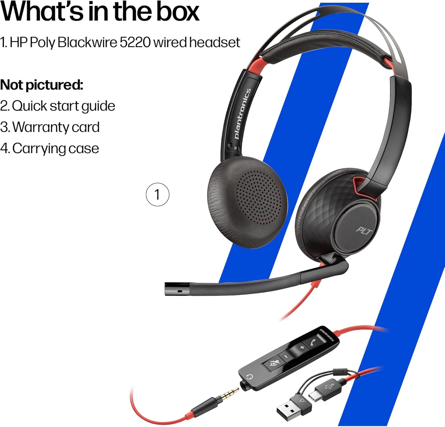 Poly Blackwire 5220 Wired Headset - Flexible Boom Mic - Noise Cancelling Headphones with Mic - USB-C, USB-A, 3.5mm - Ergonomic Over-Ear Design - Works with Microsoft Teams, Zoom - Work from Home