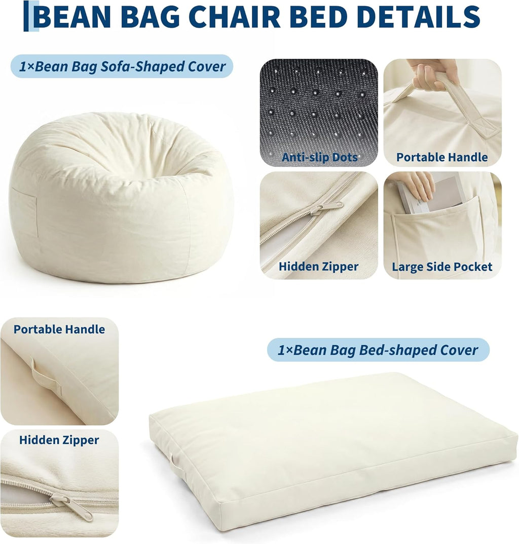 4 in 1 Adult Bean Bag Chair, 4ft Large Beanbag Chair with High Rebound Memory Foam Filler and Removable Cover, Oversized Comfy Flannel Bean Bag Couch Bed Lazy Sofa for Adults Teens, Beige
