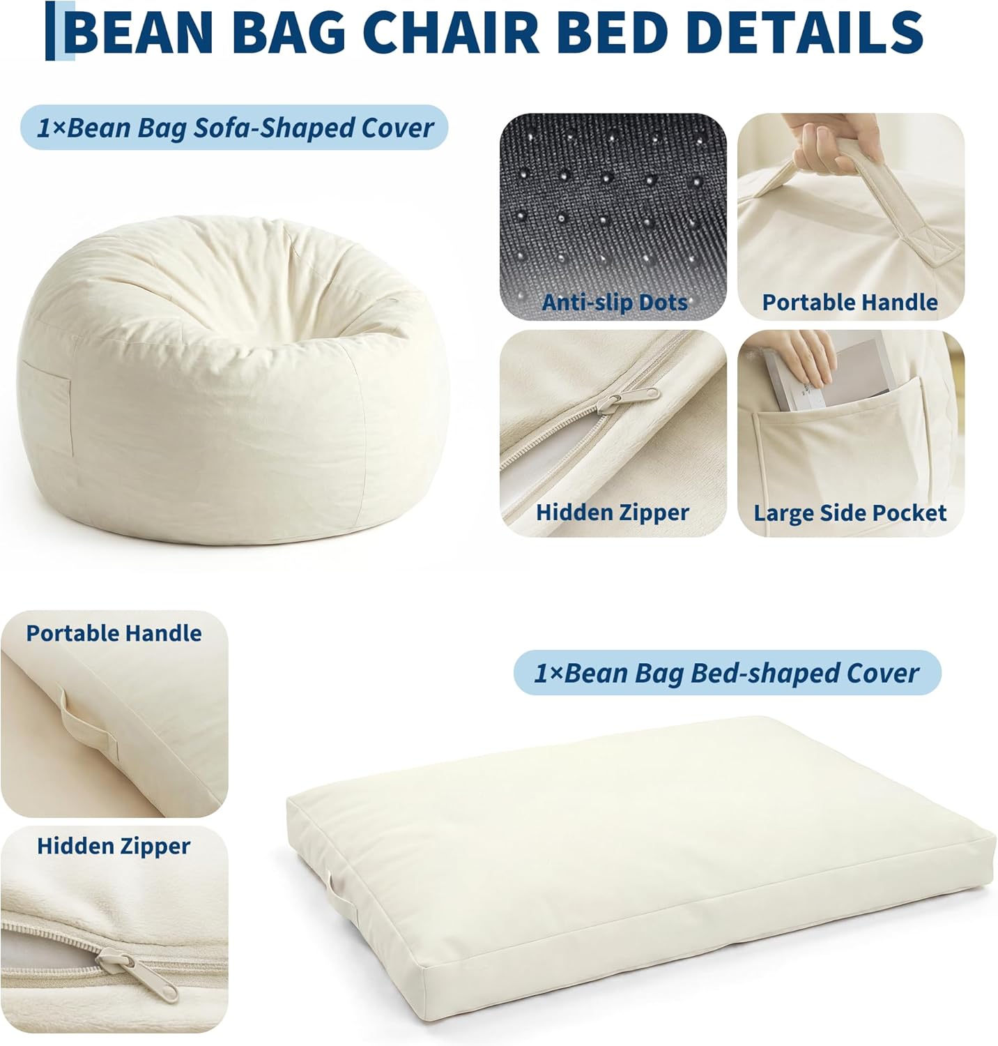 4 in 1 Adult Bean Bag Chair, 4ft Large Beanbag Chair with High Rebound Memory Foam Filler and Removable Cover, Oversized Comfy Flannel Bean Bag Couch Bed Lazy Sofa for Adults Teens, Beige