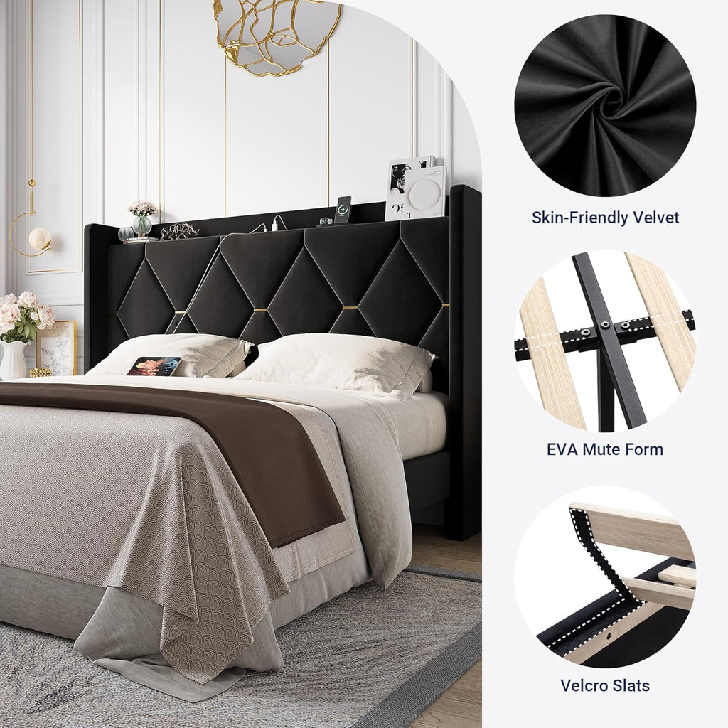 Allewie Velvet Queen Upholstered Bed Frame with Wingback Storage Headboard & Charging Station, Platform Bed with Diamond Tufted Design & Gold Trim, No Box Spring Needed, Easy Assembly, Black