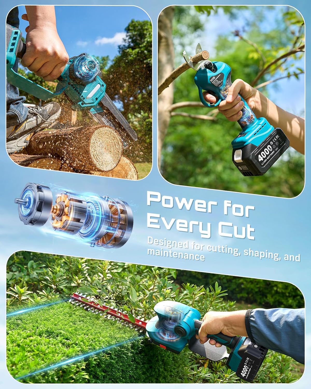 SEESII Electric Chainsaw Trimmer Pruner: 4-in-1 Cordless Chainsaw, Hedge Trimmer, Pruning Shears with 2× Rechargeable 4000mAh Batteries, Garden Tool Kit for Tree Trimming and Branch Cutting