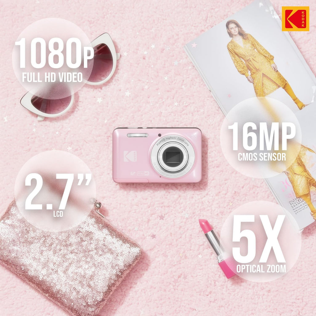 Kodak PixPro Friendly Zoom FZ55 16MP 1080p Full HD Digital Camera with 5X Optical Zoom Vlogging Camera (Pastel Pink)