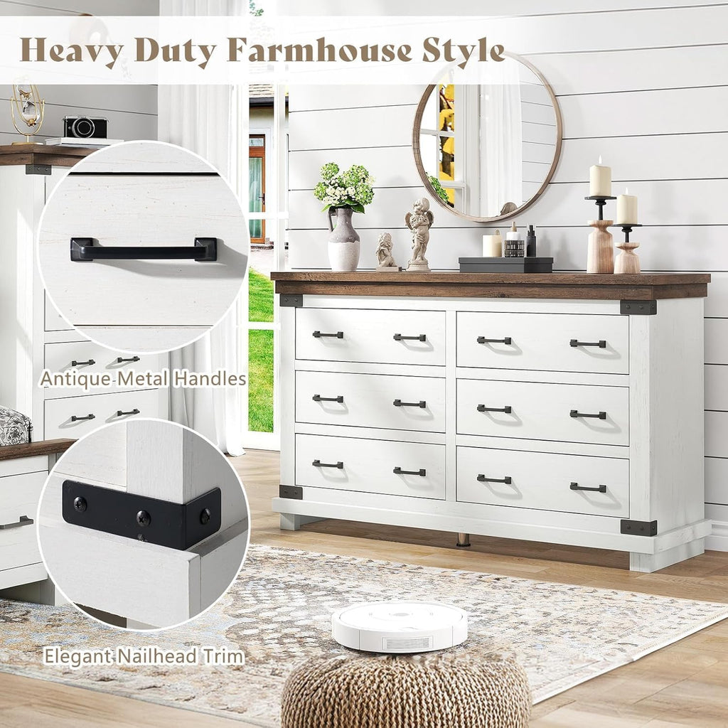 AMERLIFE Farmhouse 2-Pieces Wood Bedroom Set, Including Rustic King Size Bed Frame with 51" Tall Headboard, 6 Drawers Large Dresser Chests, Heavy-Duty Thick Plank Styling, Antique White