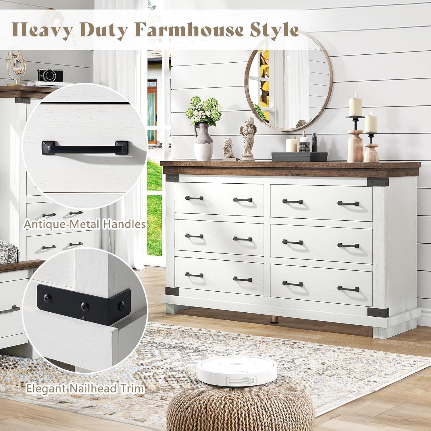 AMERLIFE Farmhouse 2-Pieces Wood Bedroom Set, Including Rustic King Size Bed Frame with 51" Tall Headboard, 6 Drawers Large Dresser Chests, Heavy-Duty Thick Plank Styling, Antique White