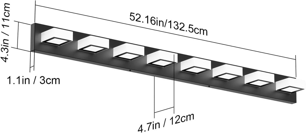Ralbay 52inch Black Vanity Lights Fixtures 8 Lights LED Modern LED Acrylic Matte Black Vanity Lights Modern Black Bathroom Wall Lighting Over Mirror