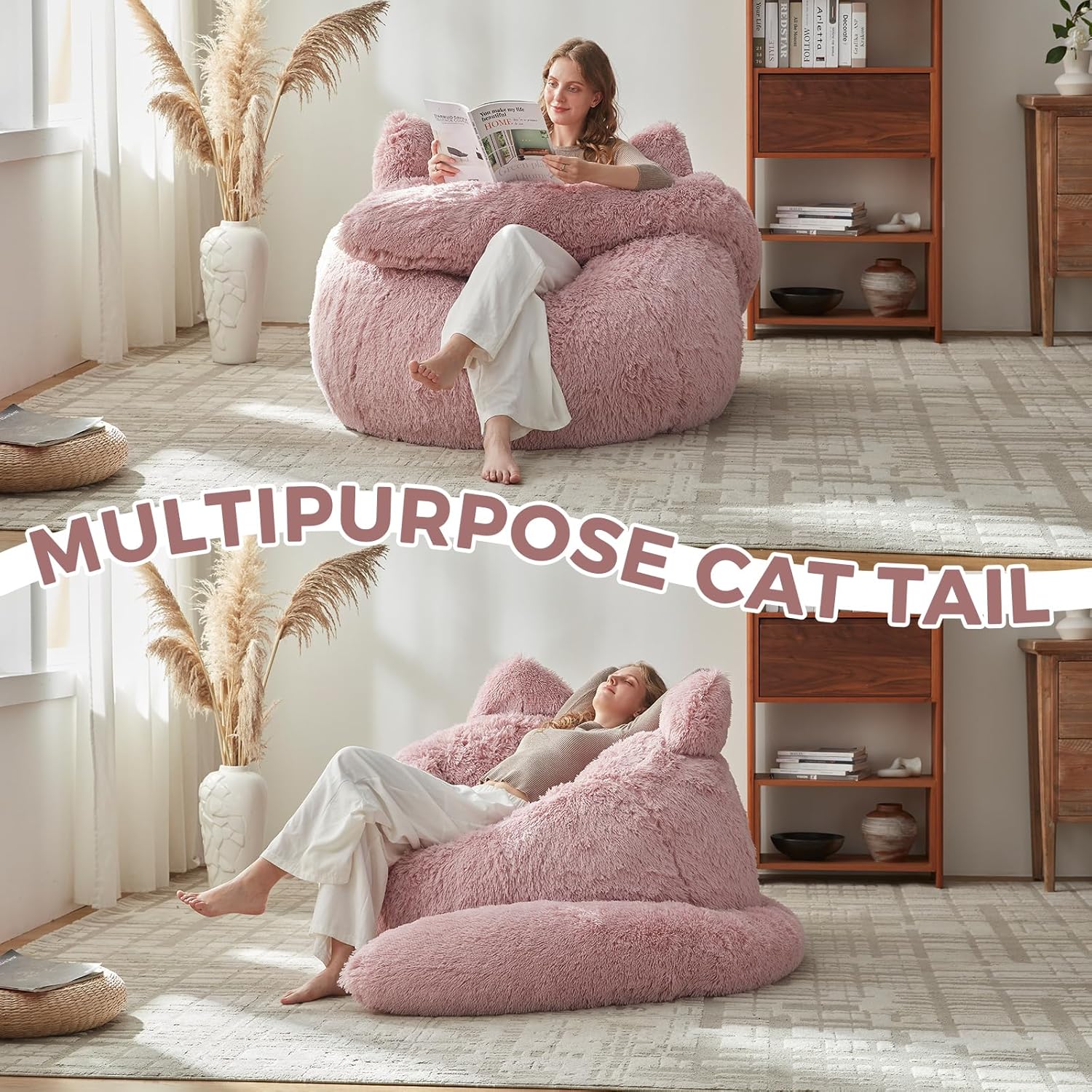 EBENCHICO Bean Bag Chair for Adults Teen,Giant Bean Bag Chairs Cat Design,Plush Faux Fur Beanbag Couch Comfy Accent Floor Sofa for Reading, Playing, Relaxing in Living Room, Bedroom