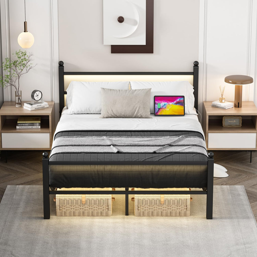 Jenmit Full Size Bed Frame with Charging Station & LED Lights, Metal Platform Bed Frame with Headboard and Footboard, Storage Space Under Bed, No Box Spring Needed, Noise Free, Easy Assembly, Black