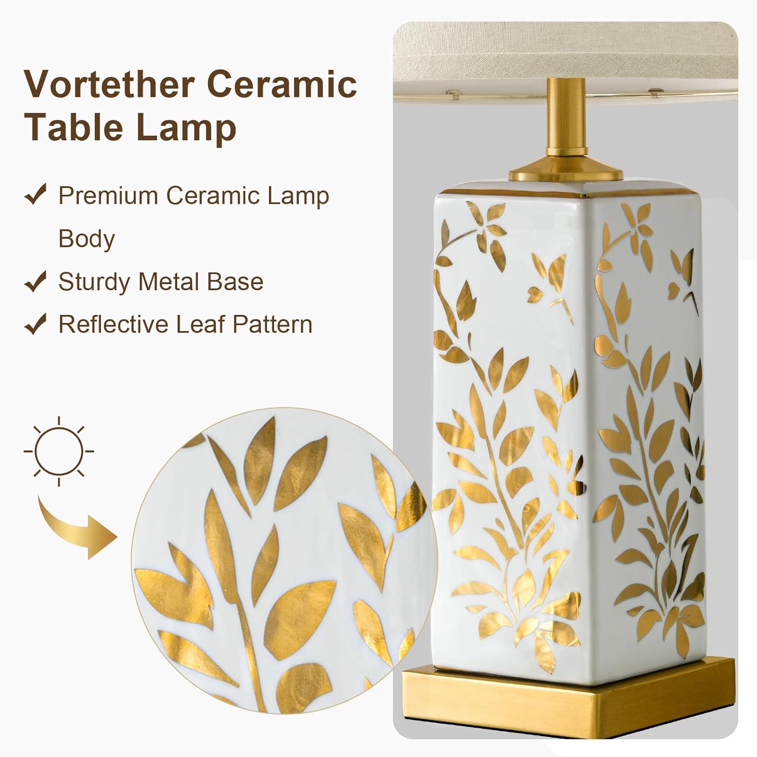 24.25" Mid Century Modern Lamp Set of 2, Vintage Farmhouse Chinoiserie Ceramic Table Lamps, Reflective Gold Leaf Pattern Bedside Lamps for Bedroom Living Room Nightstand, White & Gold