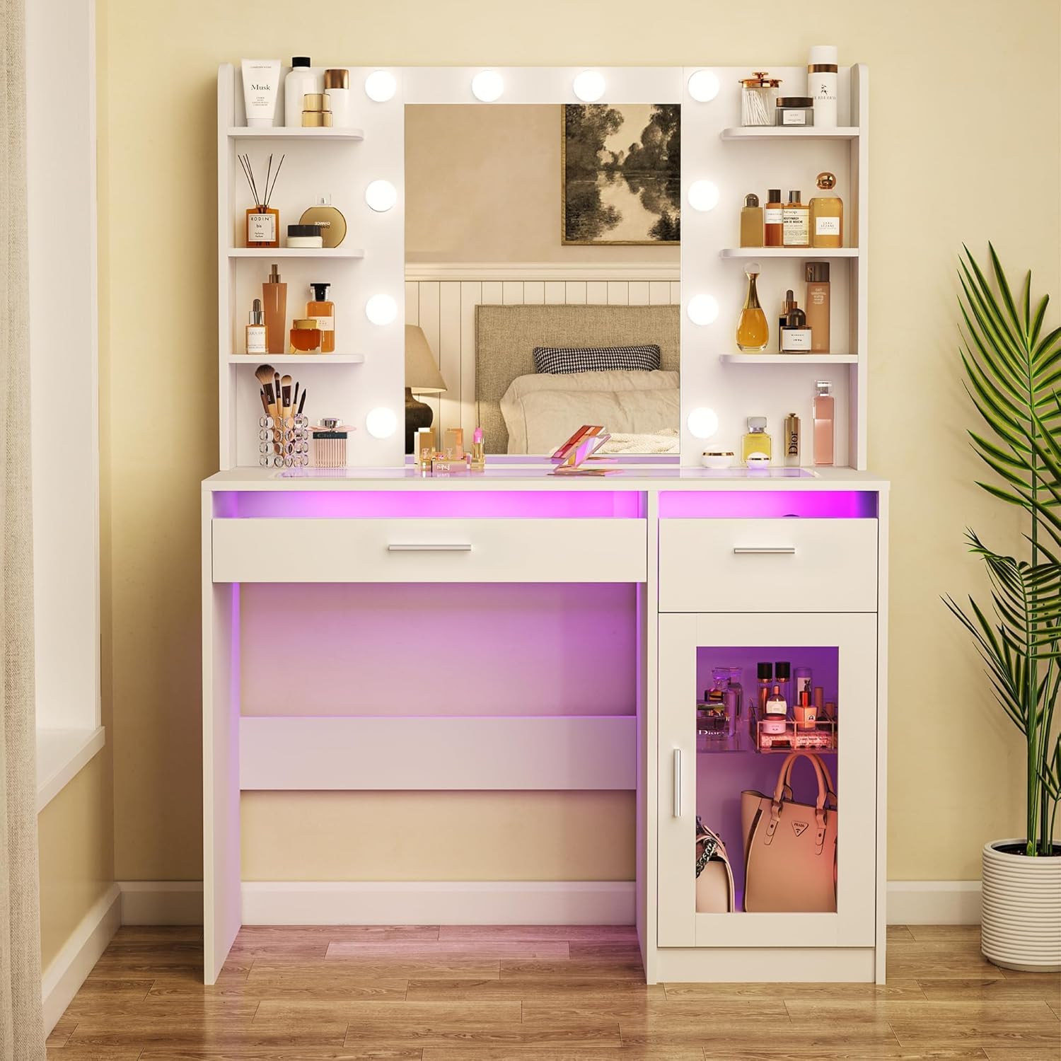 HUAHUU Vanity Desk with Mirror and Lights, Makeup Vanity Desk with Lights 3 Colors, Transparent Top Vanity with 2 RGB Drawers, 6 Shelves, Large Tempered Cabinet, Power Outlet, for Bedroom, White