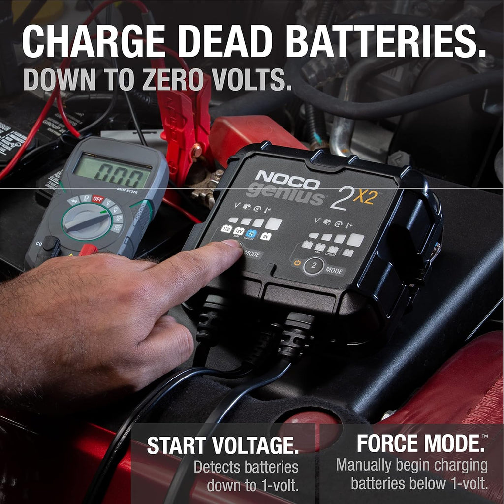 NOCO GENIUS2X2: 4A 2-Bank Smart Battery Charger (2A/Bank) - 6V/12V Automatic Maintainer, Trickle Charger & Desulfator with Overcharge Protection & Temperature Compensation – for Lead-Acid & Lithium