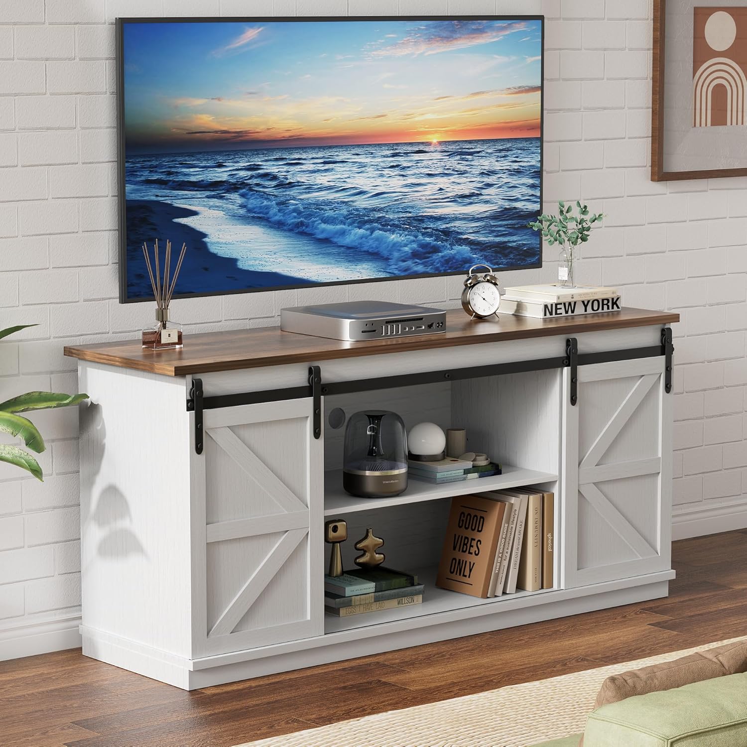 YESHOMY Farmhouse TV Stand for Televisions up to 65 Inches, Sliding Barn Doors and Storage Cabinets, Console Table and Media Furniture for Living Room, 58 Inch, White