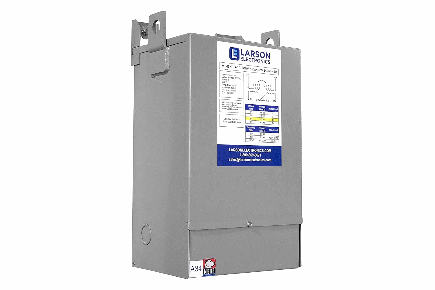 1 kVA Isolation Transformer - 480V Primary - 208V Secondary - NEMA 3R - Fully Potted - 1 Phase