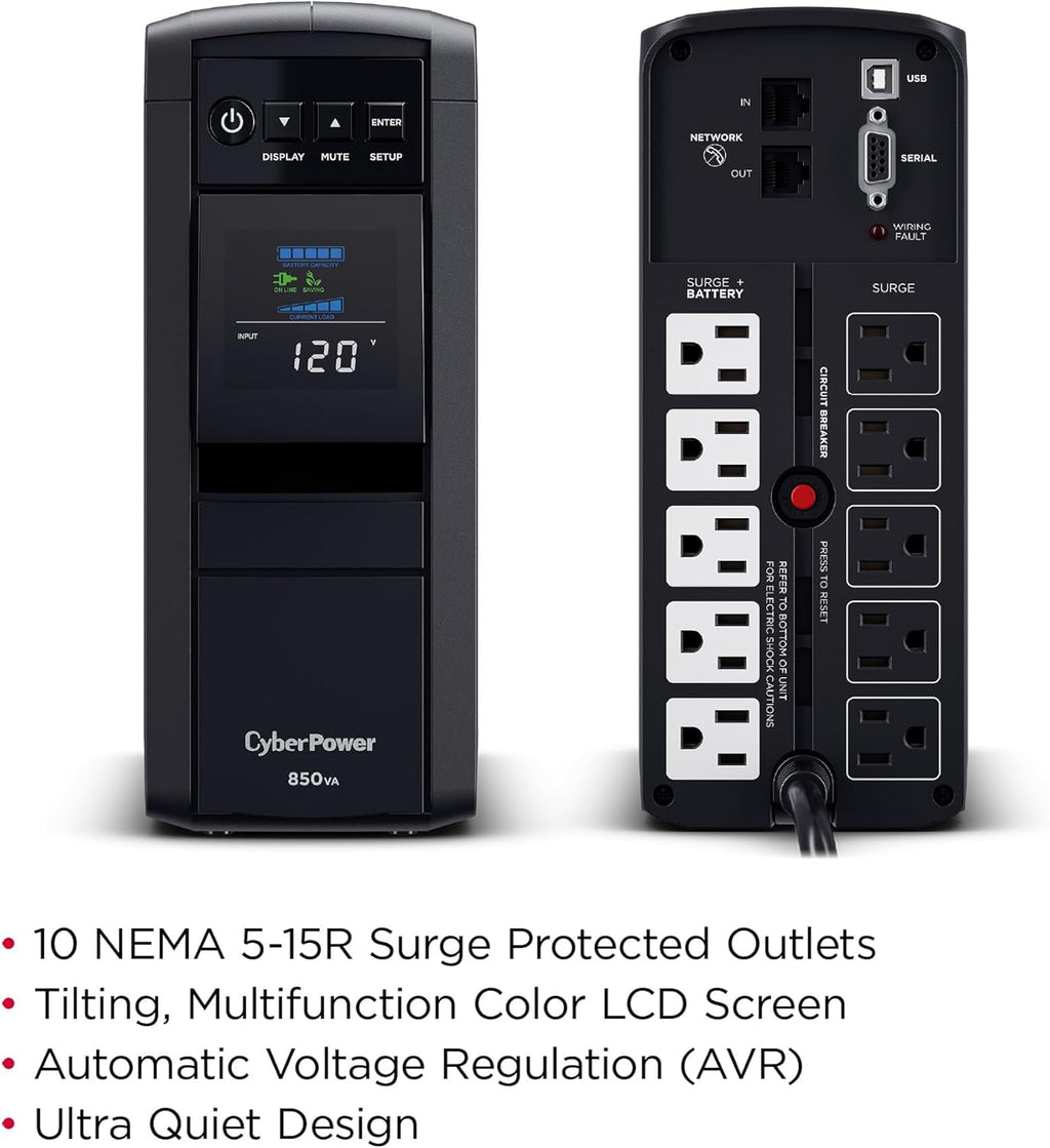 CyberPower CP850PFCLCD PFC Sinewave UPS Battery Backup and Surge Protector, 850VA/510W, 10 Outlets, AVR, Mini-Tower, UL Certified