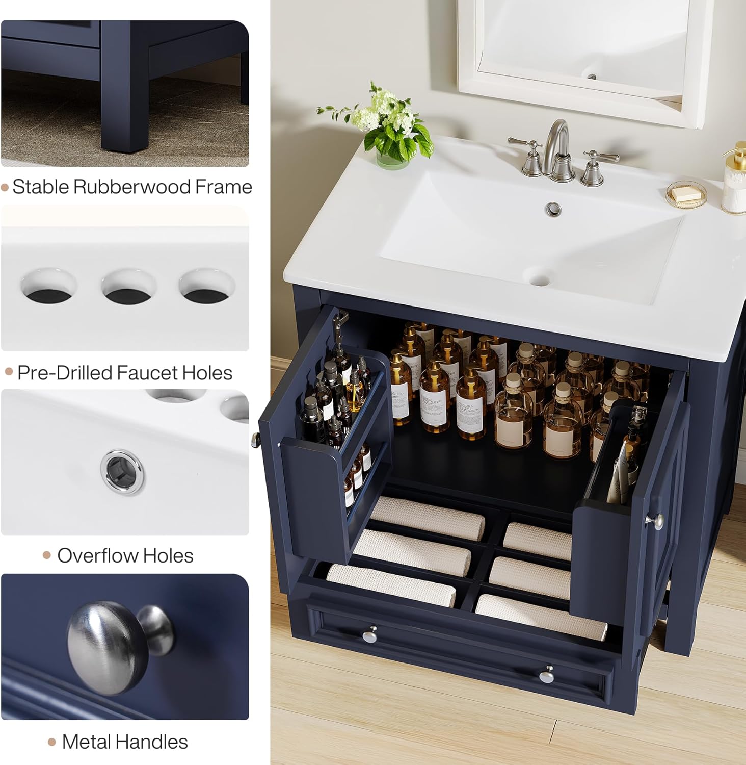 Tribesigns Modern Bathroom Vanity with Sink, Freestanding Bathroom Vanities Cabinet with Ceramic Basin Combo, Bathroom Sink Cabinet with 2 Doors and 1 Drawer, Solid Wooden Frame (Navy Blue, 30 INCH)