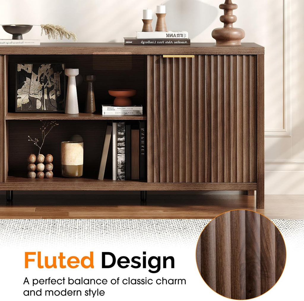 VINGLI 57.8" Fluted TV Stand for TVs up to 70 Inch, Mid-Century Modern Entertainment Center with Adjustable Shelves & Cabinet Storage, Natural Wood TV Stand for Living Room, Walnut