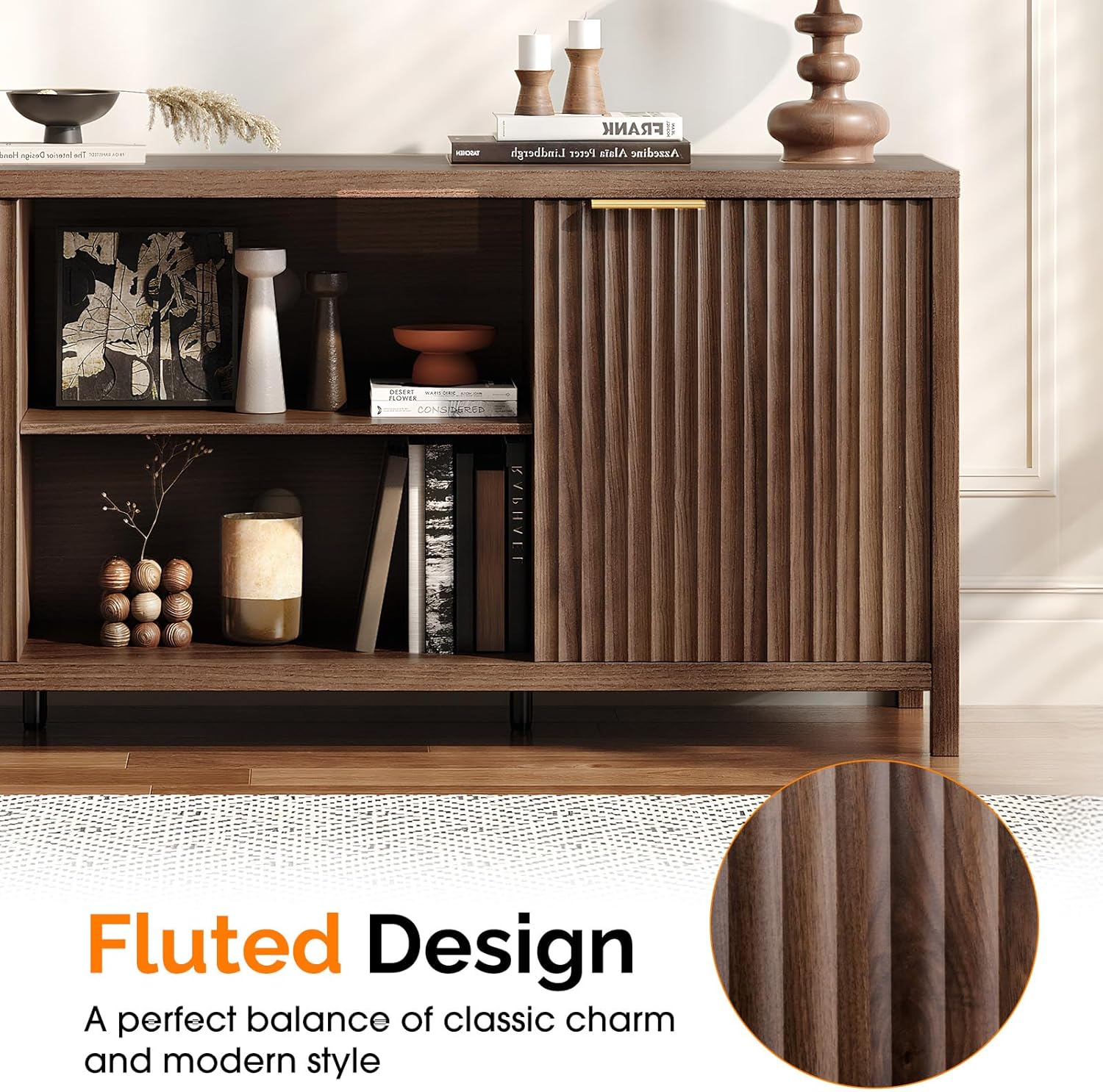 VINGLI 57.8" Fluted TV Stand for TVs up to 70 Inch, Mid-Century Modern Entertainment Center with Adjustable Shelves & Cabinet Storage, Natural Wood TV Stand for Living Room, Walnut