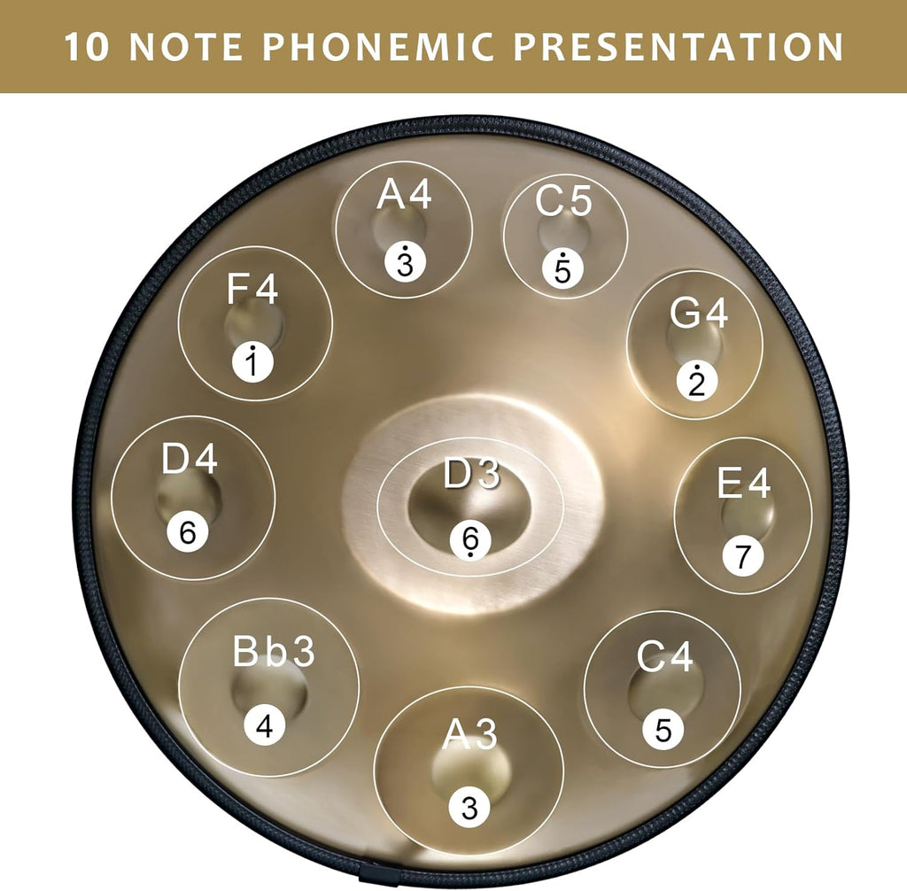 Handpan Drum 22 Inches D Minor Kurd, 432Hz 10 Notes Hand Drum Instrument, Premium Steel Drum, Handpan Instrument for Adults (Gold)