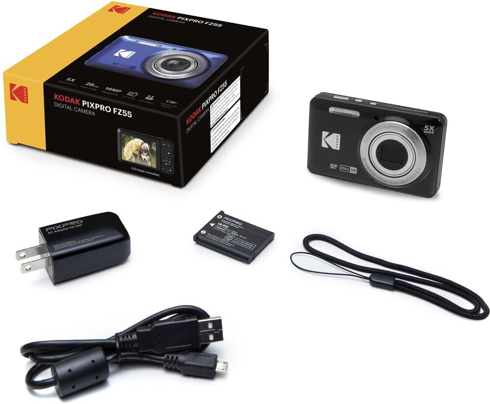 KODAK PIXPRO FZ55 Digital Camera Bundle, Includes: SanDisk 64GB SDXC Memory Card, SD Card Reader Compatible with Computers and Smartphones and Memory Card Wallet (4 Items) (Black)