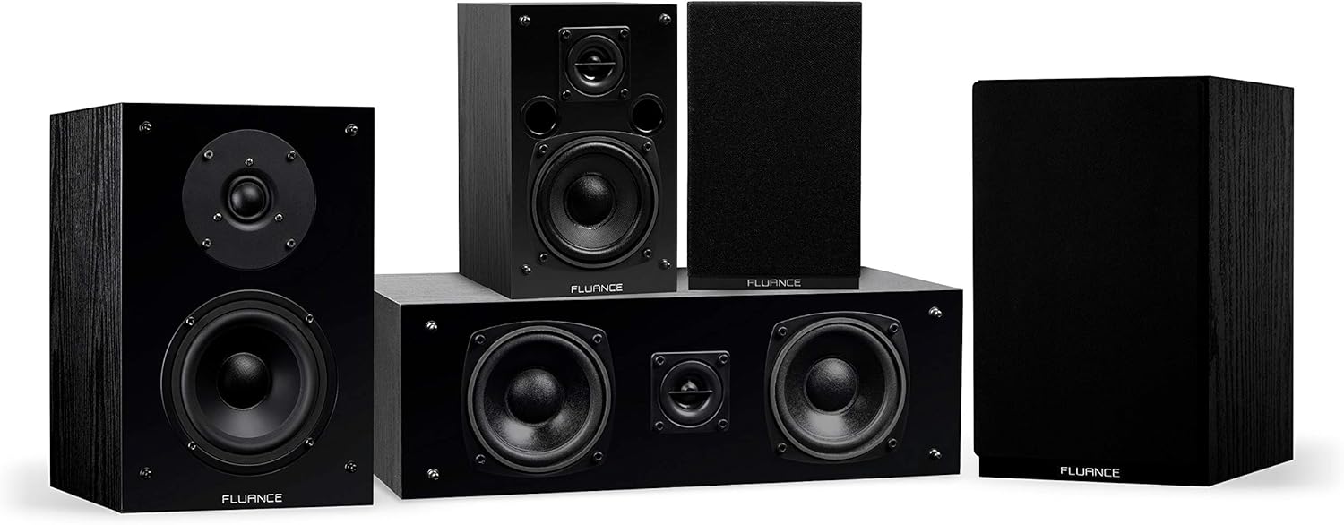 Fluance Elite High Definition Compact Surround Sound Home Theater 5.0 Channel Speaker System Including 2-Way Bookshelf, Center Channel and Rear Surround Speakers - Black Ash (SX50BC)