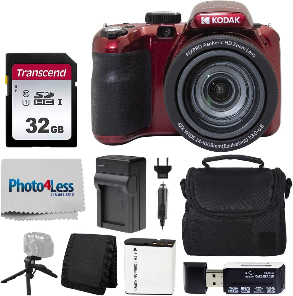 Kodak PIXPRO AZ425 Digital Camera + 32GB Memory Card + Camera Case (Black) + Battery + Charger + USB Card Reader + Table Tripod + Accessories (Red)