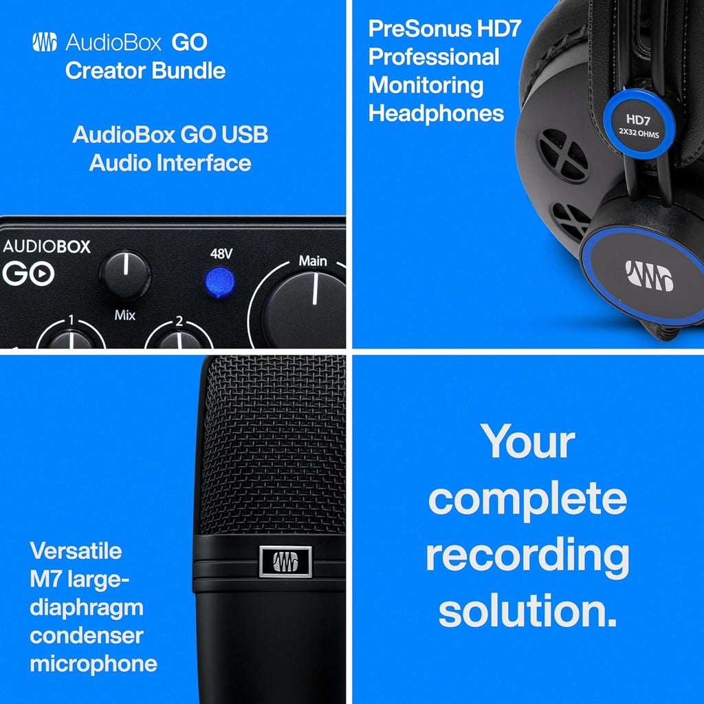 PreSonus AudioBox Go Creator Complete Studio Recording Bundle with USB Audio 96K Interface, Condenser Microphone, Professional Monitoring Headphones, and Studio One Pro DAW Software
