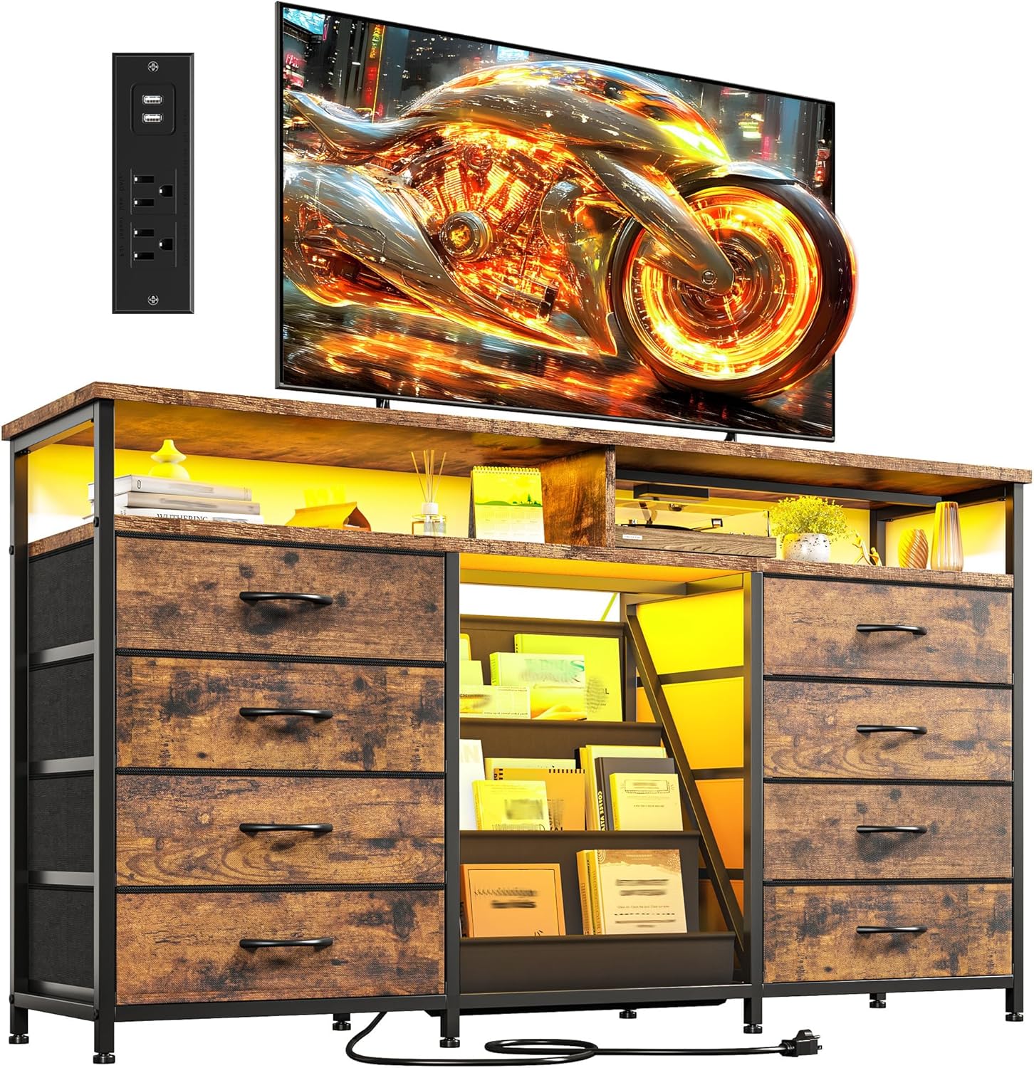 EnHomee 55 ” W Dresser for Bedroom with Bookrack & 8 Fabric Drawers, Dresser TV Stand with Power Outlet & LED Lights for 65 Inch TV, Chest of Drawers for Cabinet, Entryway,Rustic Brown
