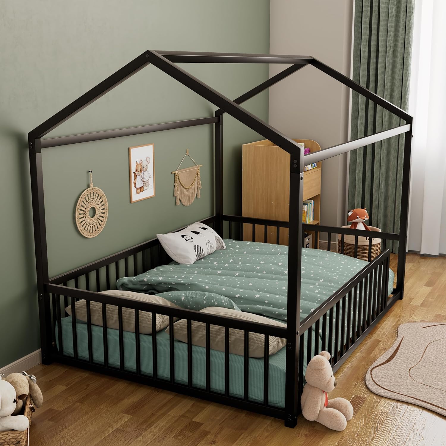House Shape Full Size Montessori House Bed Metal Floor Bed Full Bedframe No Box Spring Needed, Black
